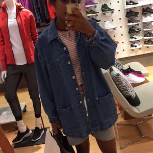 Long button down denim jacket